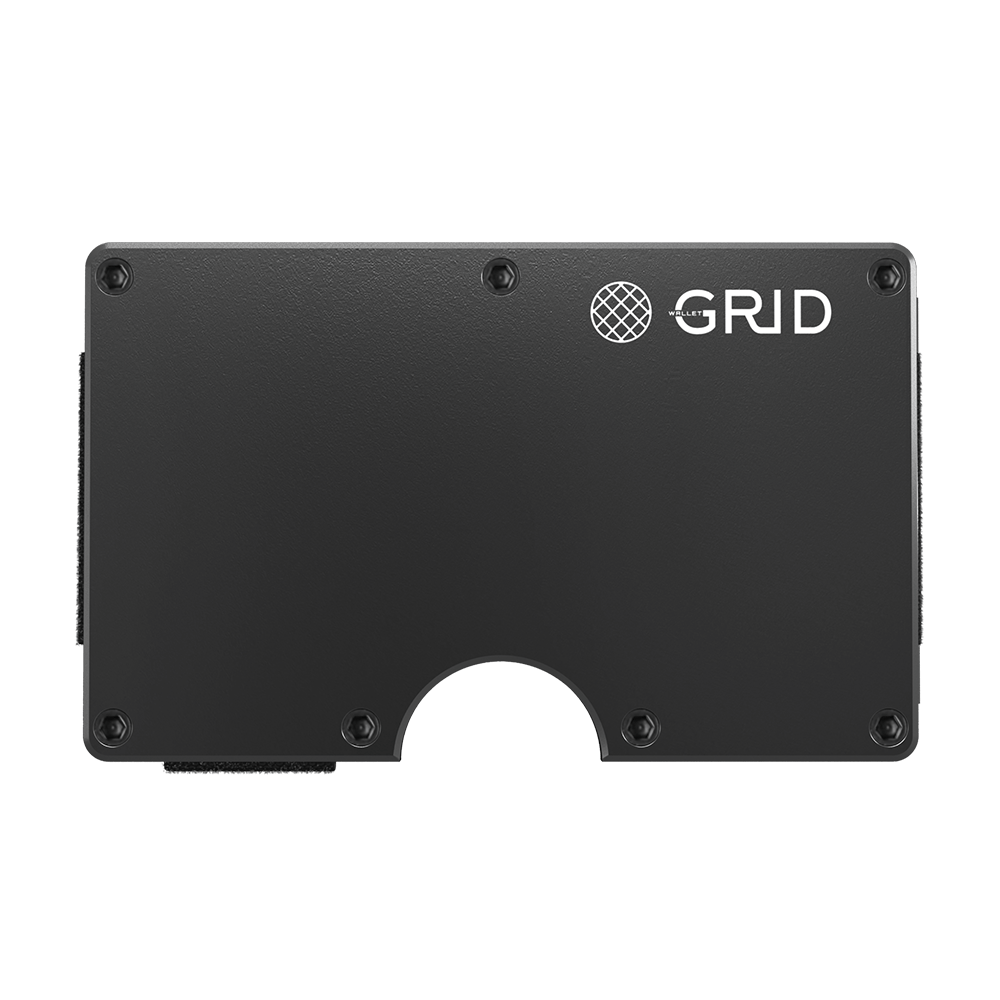 Front view of the gunmetal aluminum wallet with RFID blocking capability.