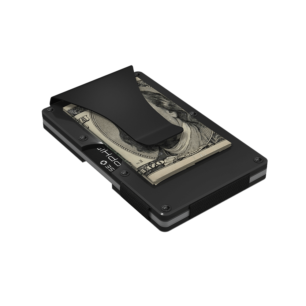 Bottom view of the gunmetal aluminum RFID blocking wallet with the money clip visible.